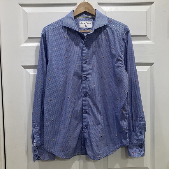 Robert Graham Shirt Mens Medium Gingham Button Down Flip Cuff Food Print Novelty - Picture 6 of 11